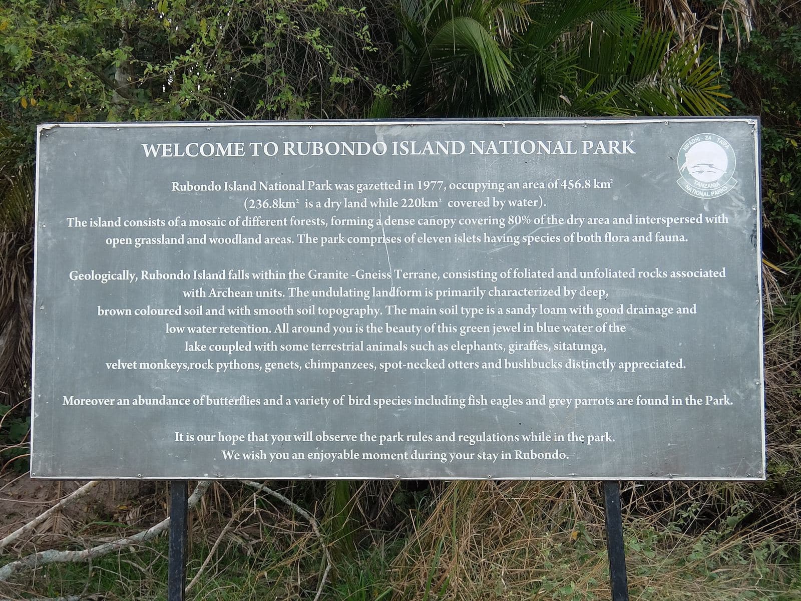 Welcome sign at Rubondo Island National Park
